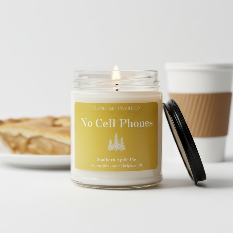 No Cell Phones candle by Island Lake Candle Co. on white background with apple pie slice and diner coffee cup